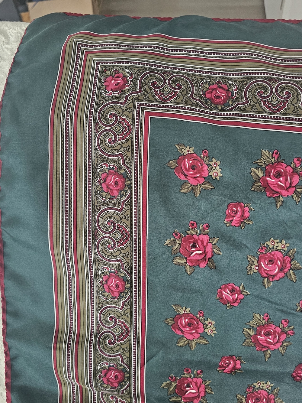 Vtg Italian Pure Silk Square Scarf Pink Roses Scroll Paisley Border Dark Green - Picture 3 of 8